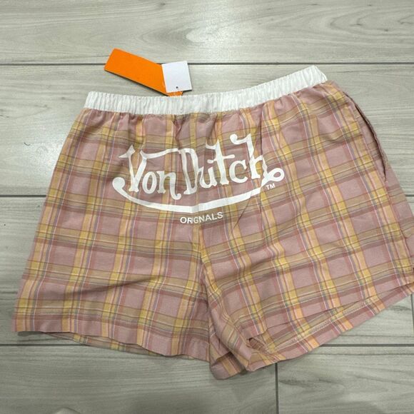 NWT Von Dutch pajama set size medium   Peach cream gingham plaid with lace top a - Picture 7 of 9